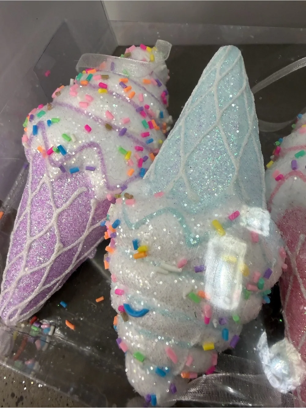 Set of 5 Glitter Foam Ice Cream Cone Christmas Tree Decorations Sprinkles Candy